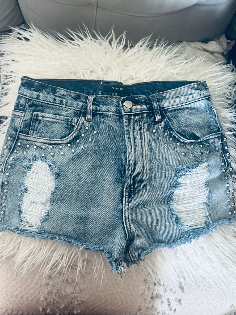 Forever 21 Light Blue Distressed Studded Denim Shorts